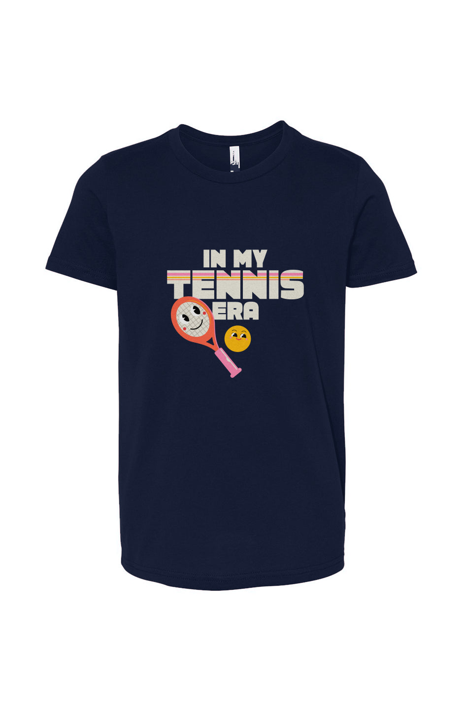 Navy blue youth fine jersey t-shirt with a graphic that reads 'IN MY TENNIS ERA' and features a tennis racket and a smiling tennis ball character.