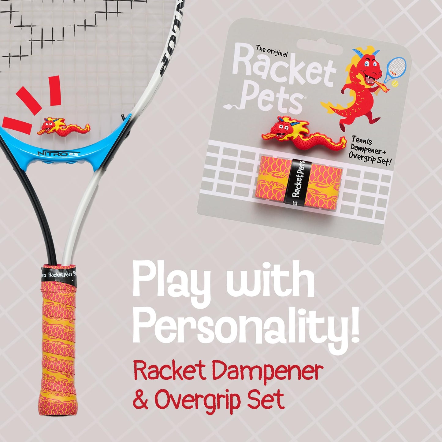 Tennis Racket Dampener & Matching Overgrip - Dragon