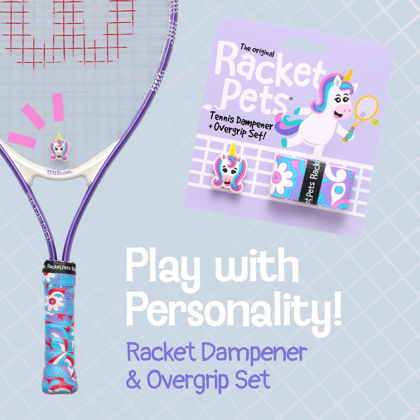 Tennis Racket Dampener & Matching Overgrip Tape - Unicorn