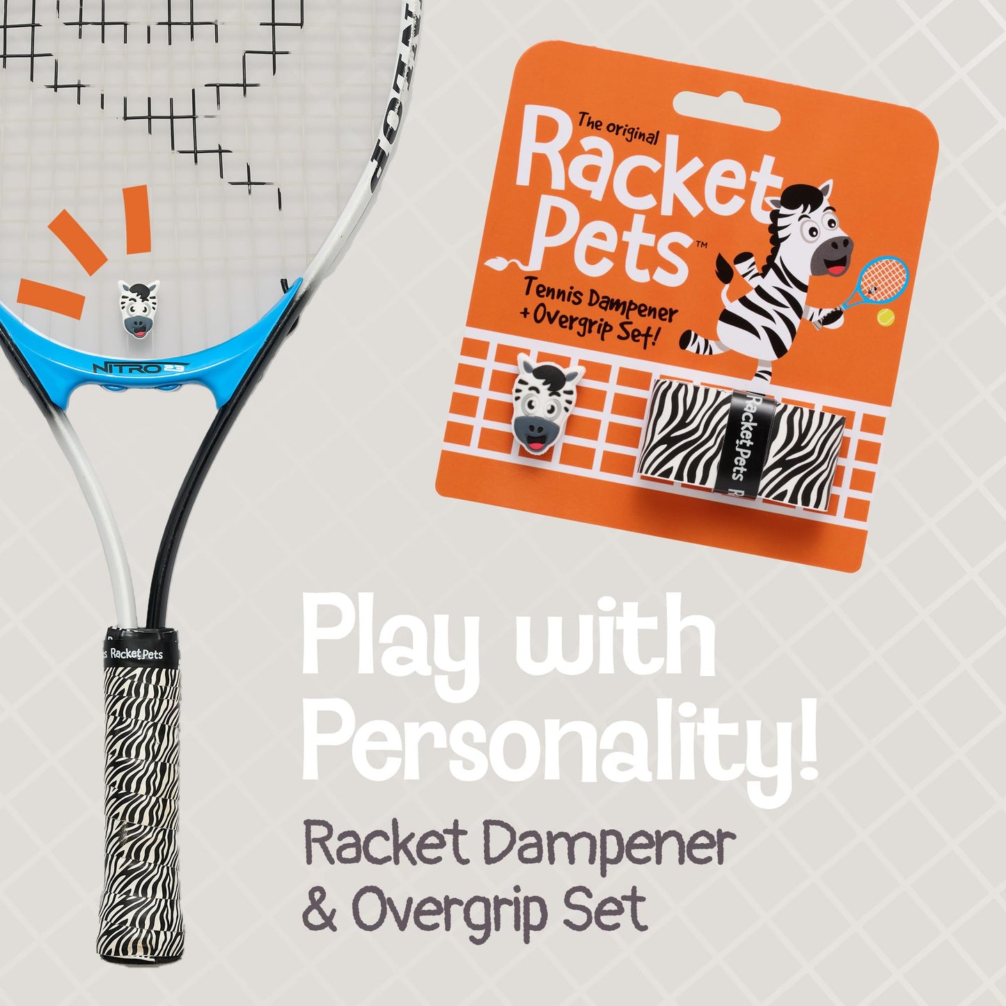 Tennis Racket Dampener & Matching Overgrip - Zebra