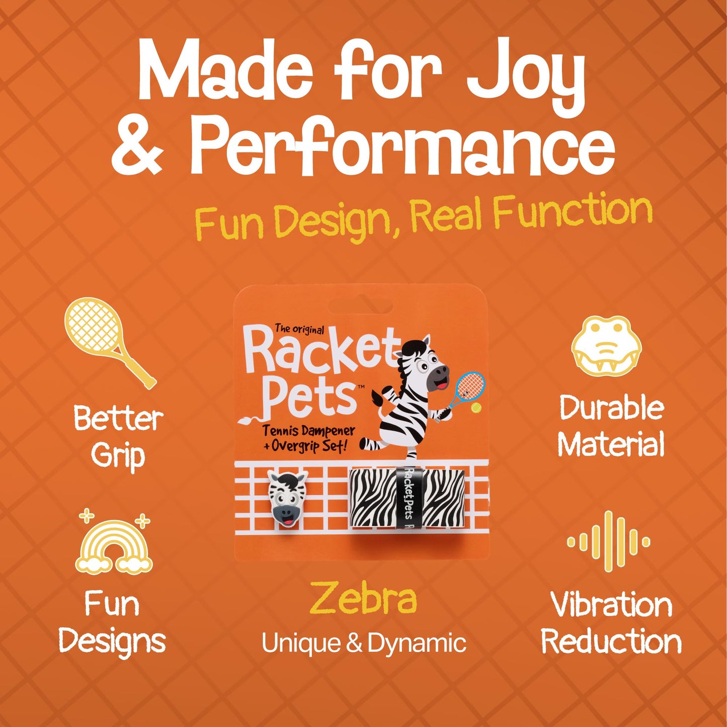 Tennis Racket Dampener & Matching Overgrip - Zebra
