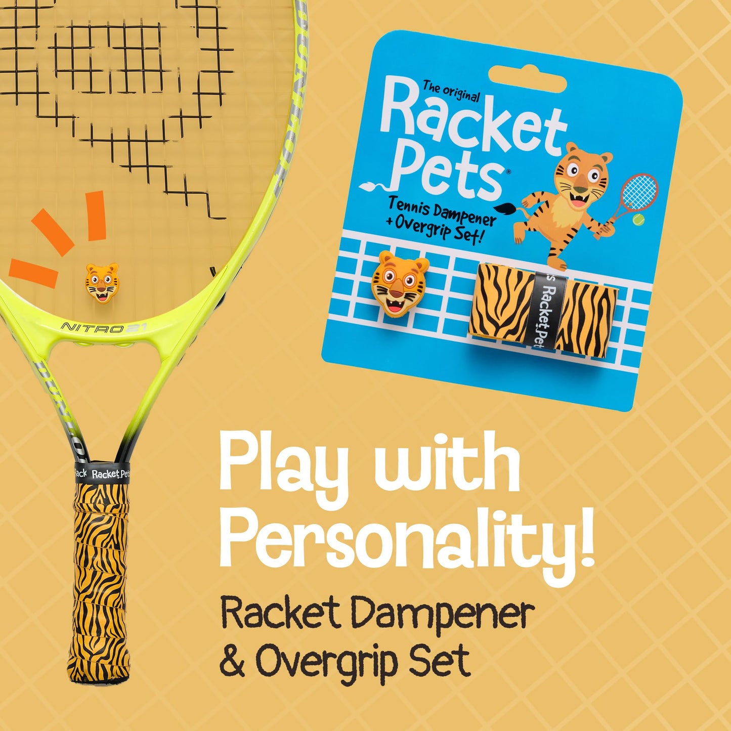 Tennis Racket Dampener & Matching Overgrip Tape - Tiger