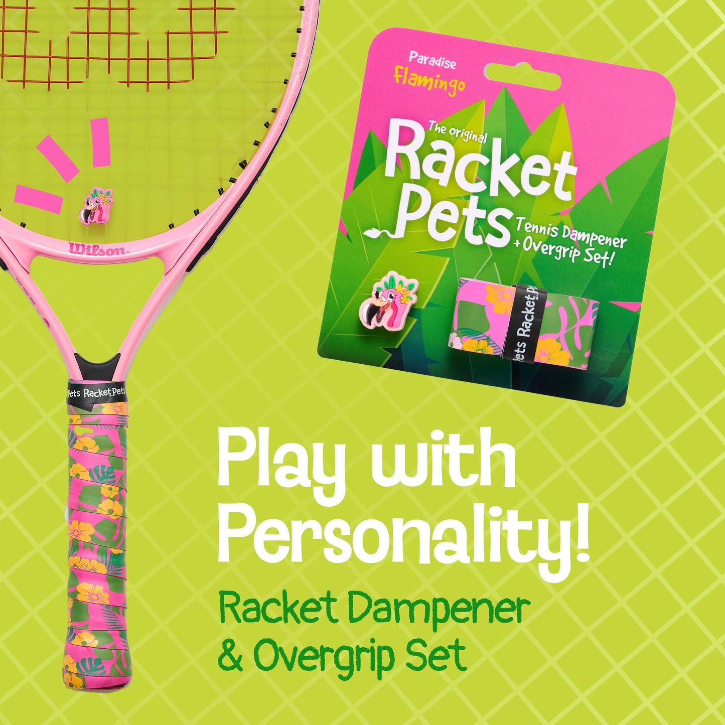 Tennis Racket Dampener & Matching Overgrip Tape - Flamingo