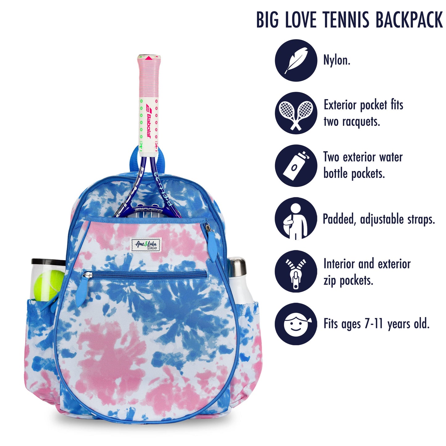 Big Love Tennis Backpack - 7/11 years old - Blue + Pink Tie Dye