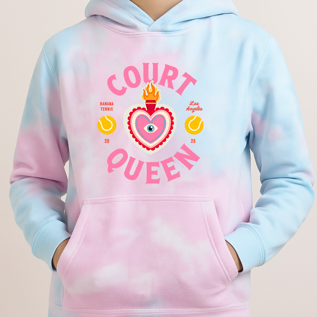 Pink and blue tie-dye hoodie with 'Court Queen' design on a beige background