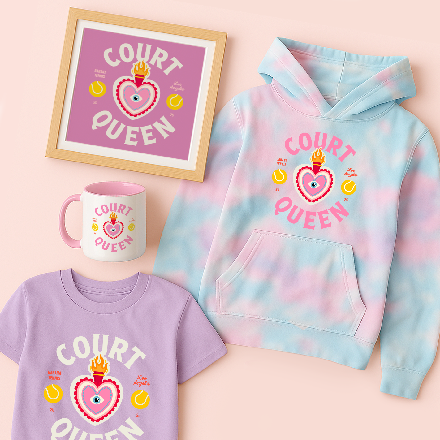 Tie-dye hoodie, t-shirt, and mug with 'Court Queen' design on a pink background