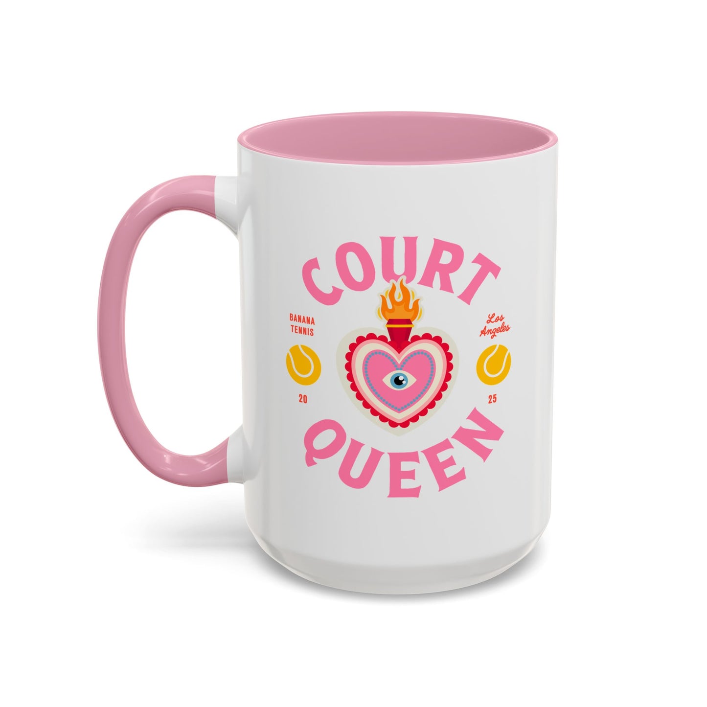 White mug with pink interior and handle, featuring a heart design and text on a white background.