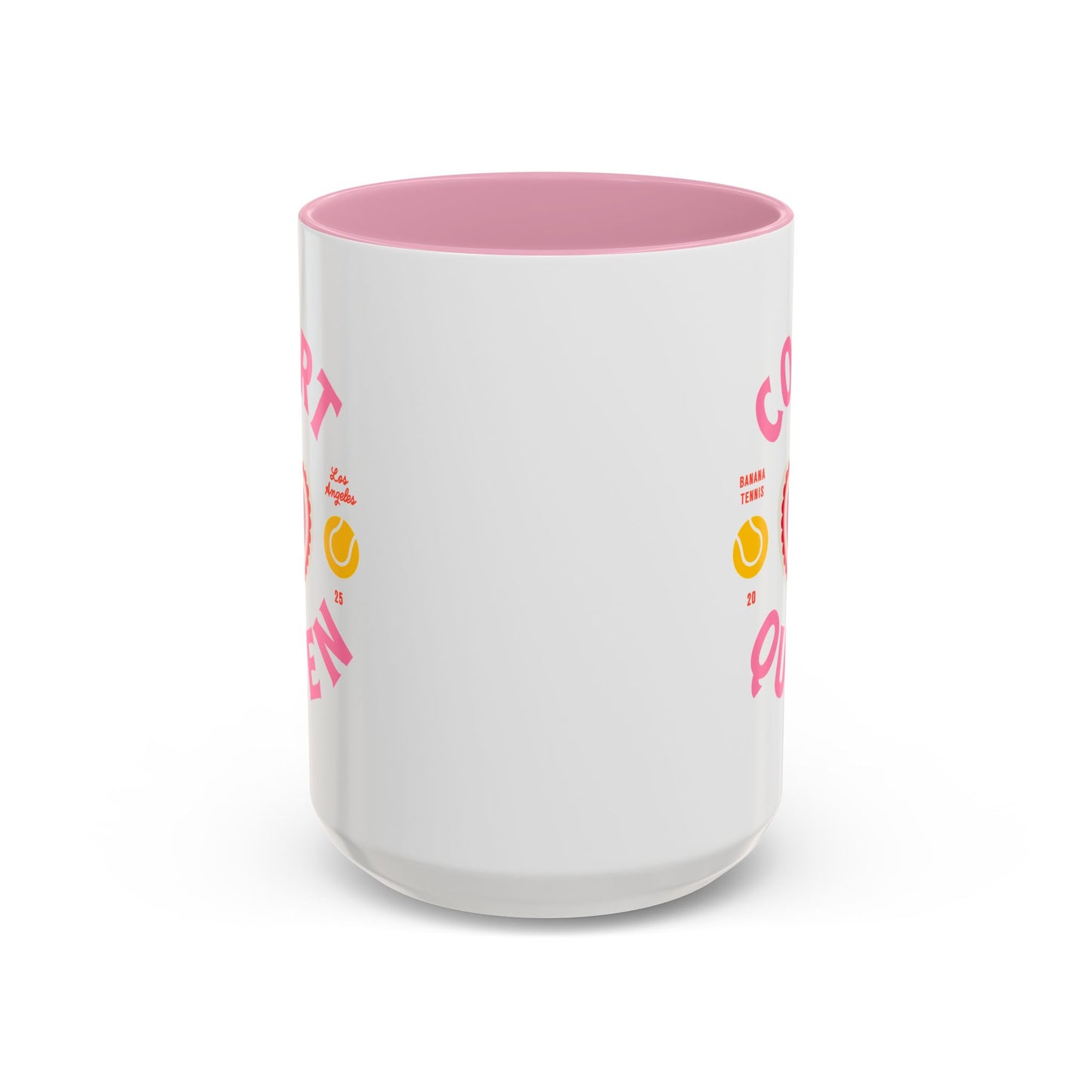 White mug with pink interior and colorful text design on a white background