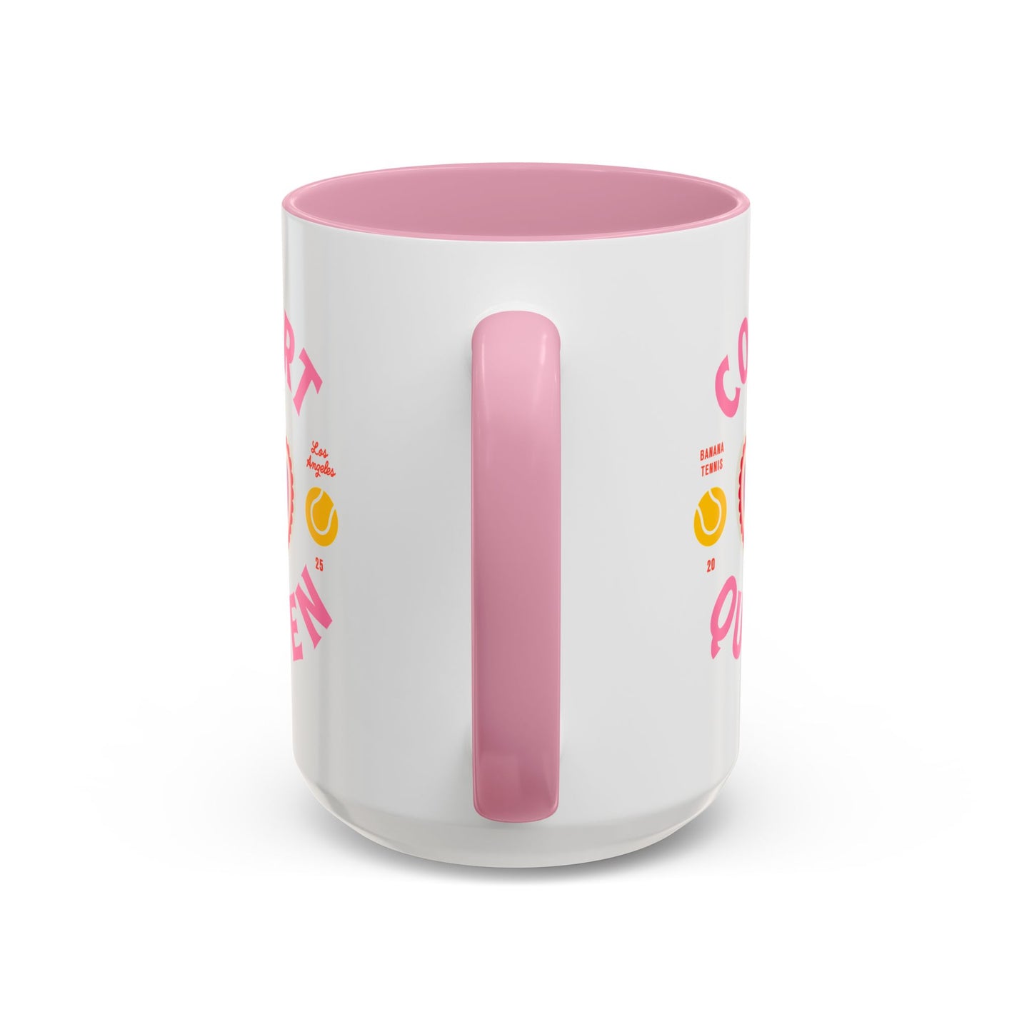 White mug with pink interior and handle, featuring colorful text and graphics on a white background