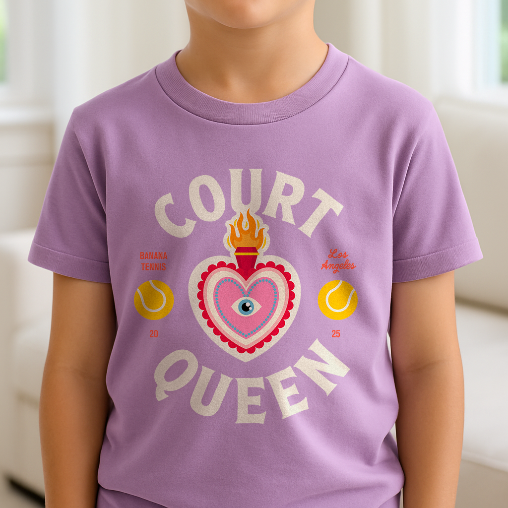 Child wearing a purple t-shirt with 'Court Queen' design