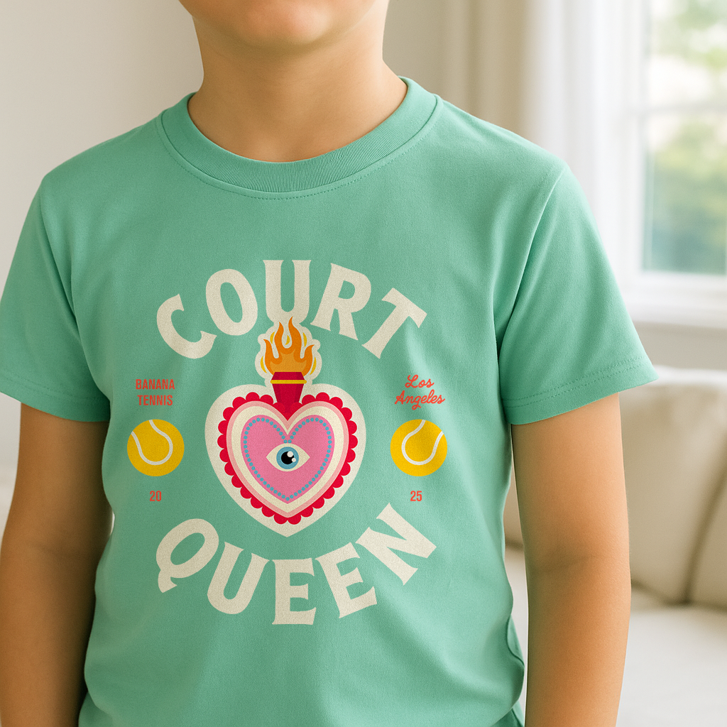 Person wearing a green t-shirt with 'Court Queen' design