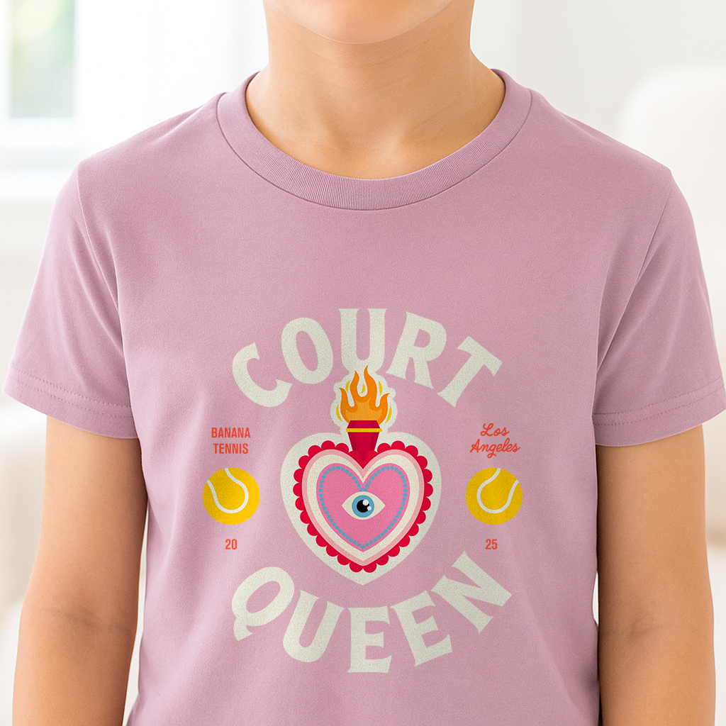 Pink t-shirt with 'Court Queen' design on a person wearing it.