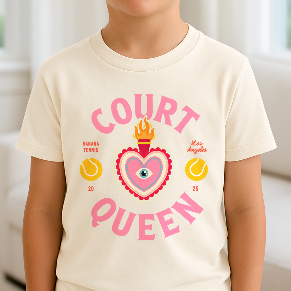 Child wearing a t-shirt with 'Court Queen' design featuring a heart and tennis ball graphics.