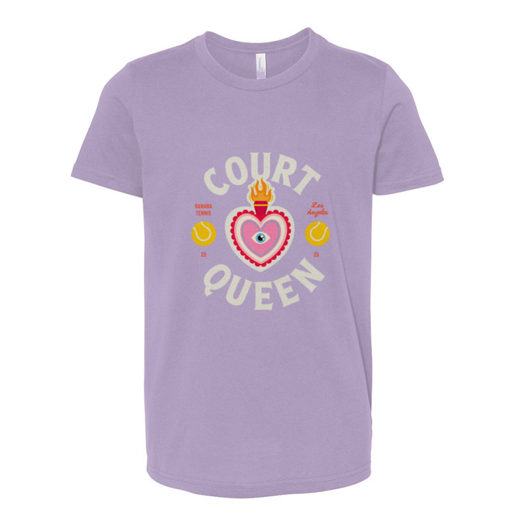 Purple t-shirt with 'Court Queen' graphic design on a white background