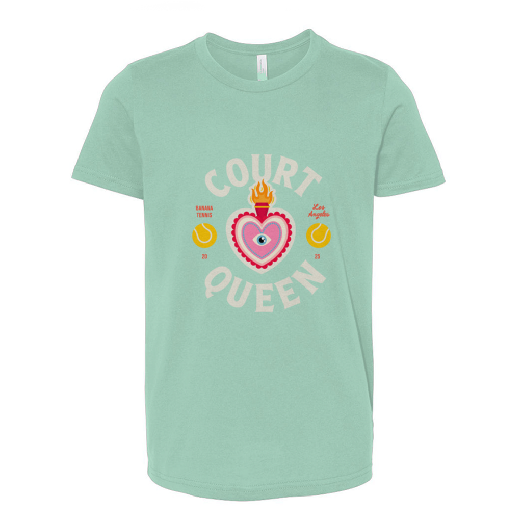 Mint green t-shirt with 'Court Queen' graphic design on a white background