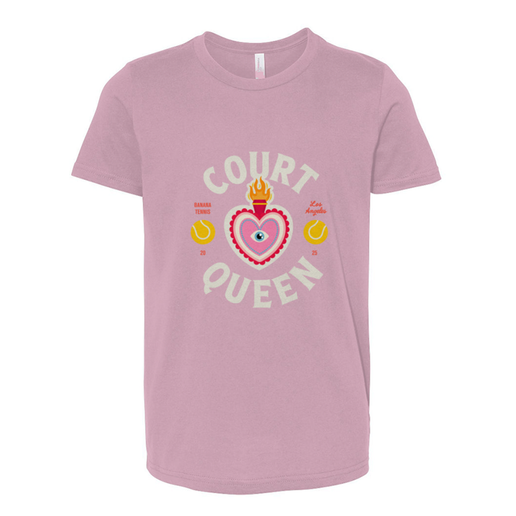 Pink t-shirt with 'Court Queen' design on a white background