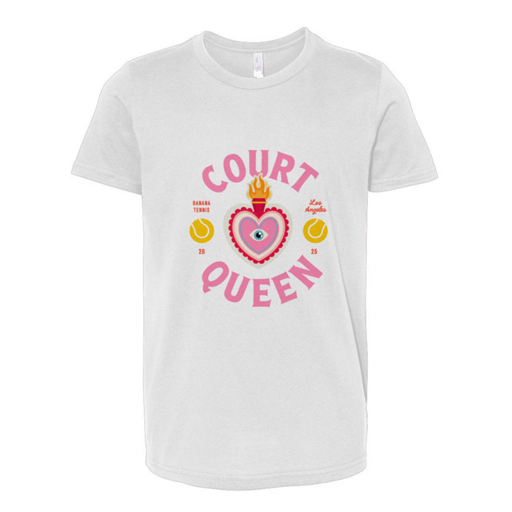 White t-shirt with 'Court Queen' graphic design on a white background