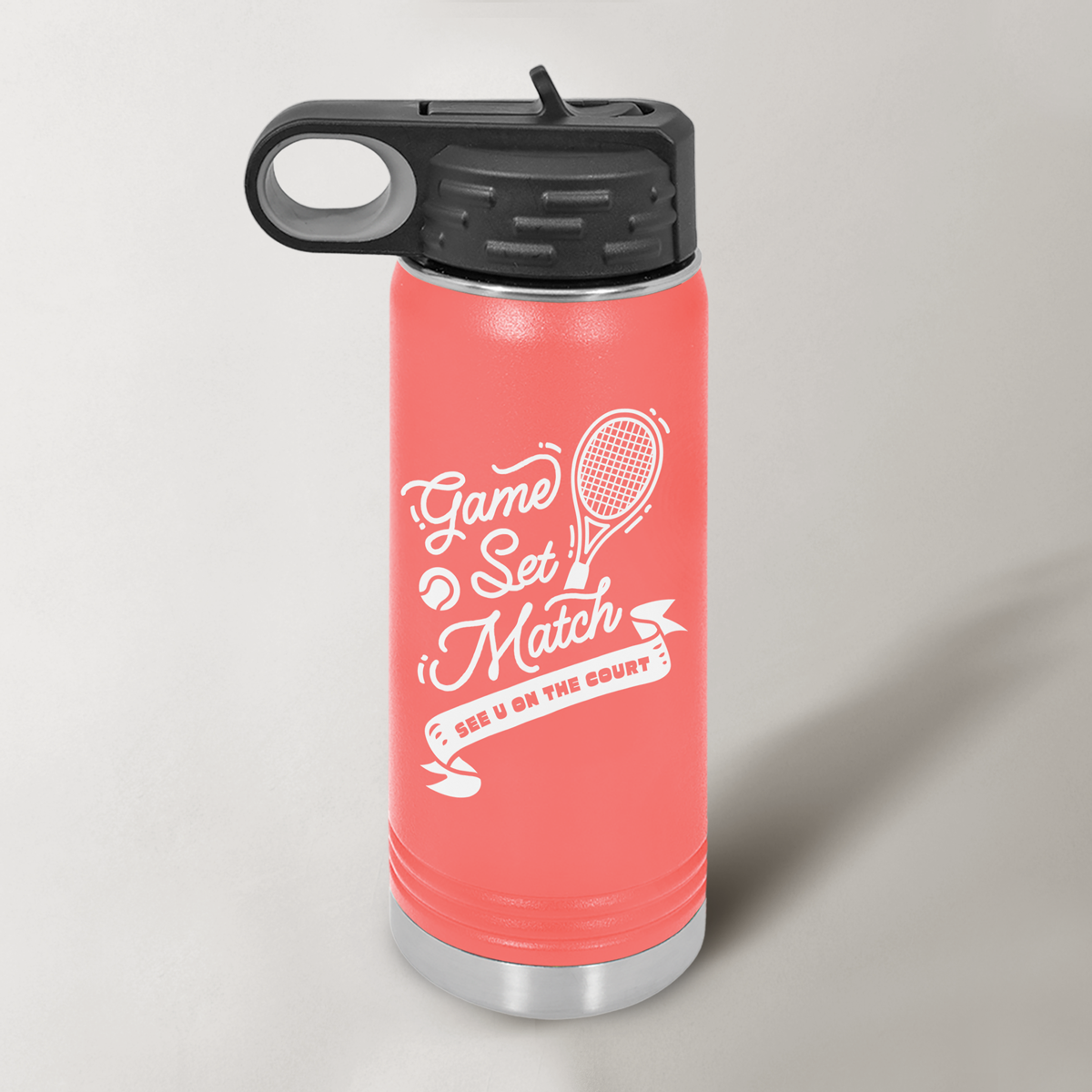 tennis water bottle, insulated sports bottle for kids, game set match bottle, stainless steel tennis bottle, double-wall vacuum water bottle, kids tennis gear, leak-proof sports bottle, reusable bottle for tennis players, matte finish water bottle, tennis accessories for juniors, tennis gift idea for players, eco-friendly tennis bottle.