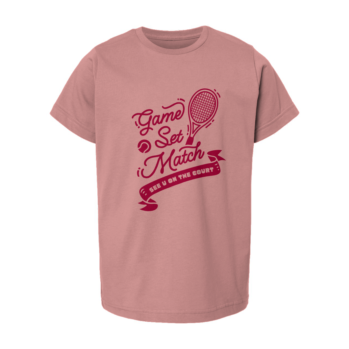 Muted mauve youth tennis t-shirt with bold red 'Game Set Match' print and tennis-themed design, front view