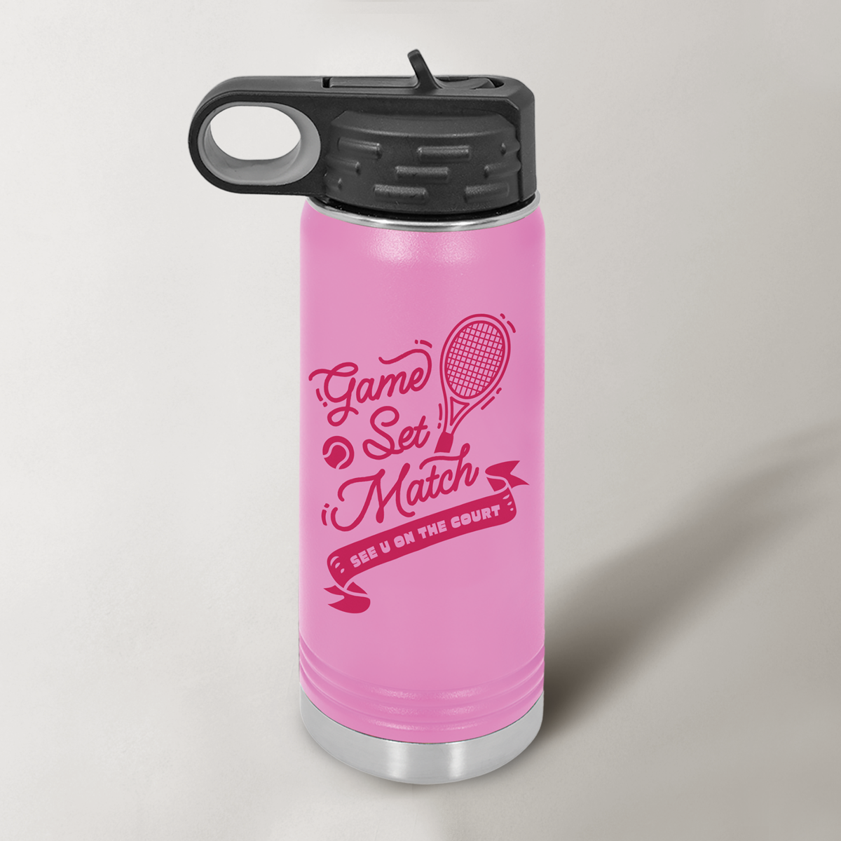 tennis water bottle, insulated sports bottle for kids, game set match bottle, stainless steel tennis bottle, double-wall vacuum water bottle, kids tennis gear, leak-proof sports bottle, reusable bottle for tennis players, matte finish water bottle, tennis accessories for juniors, tennis gift idea for players, eco-friendly tennis bottle.