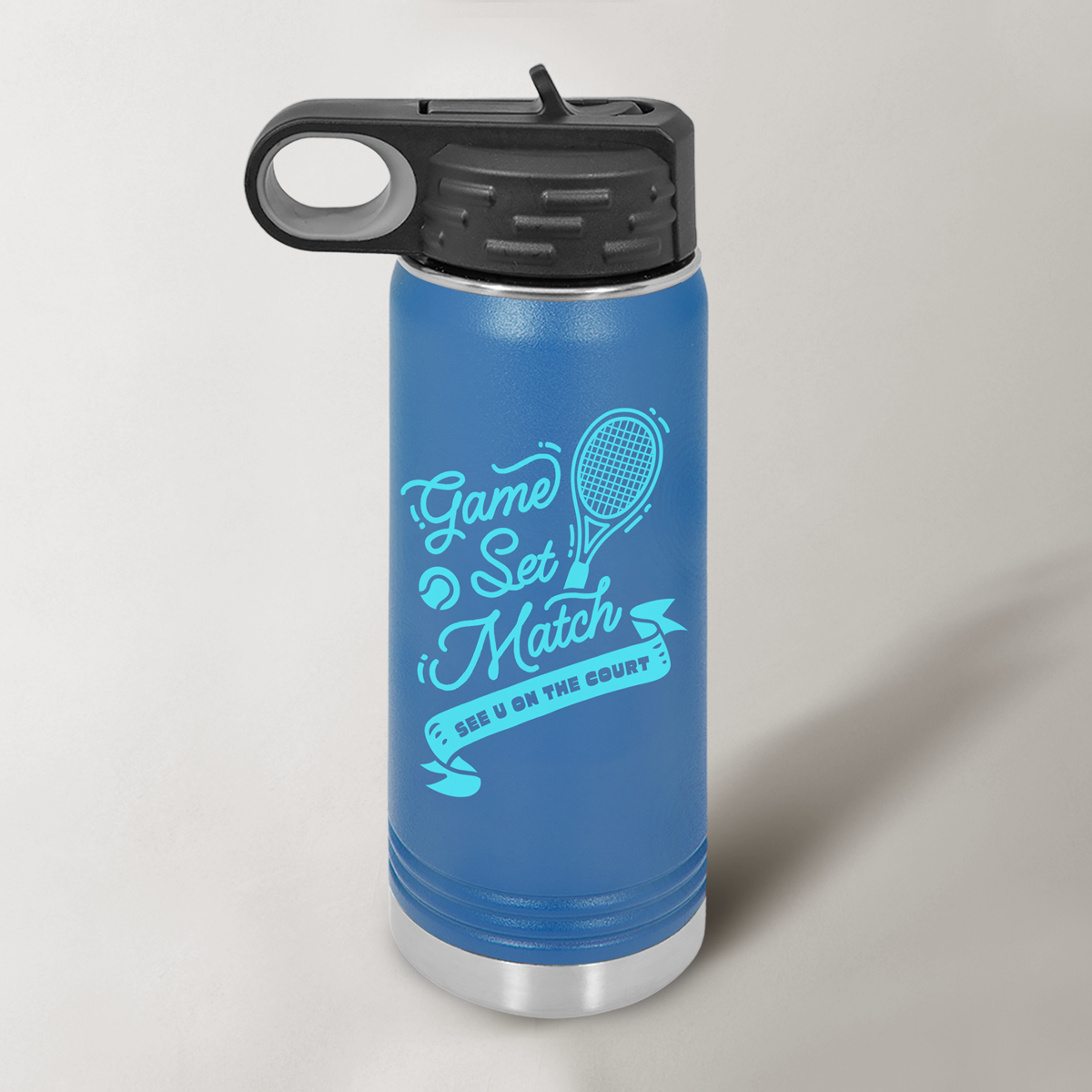 tennis water bottle, insulated sports bottle for kids, game set match bottle, stainless steel tennis bottle, double-wall vacuum water bottle, kids tennis gear, leak-proof sports bottle, reusable bottle for tennis players, matte finish water bottle, tennis accessories for juniors, tennis gift idea for players, eco-friendly tennis bottle.