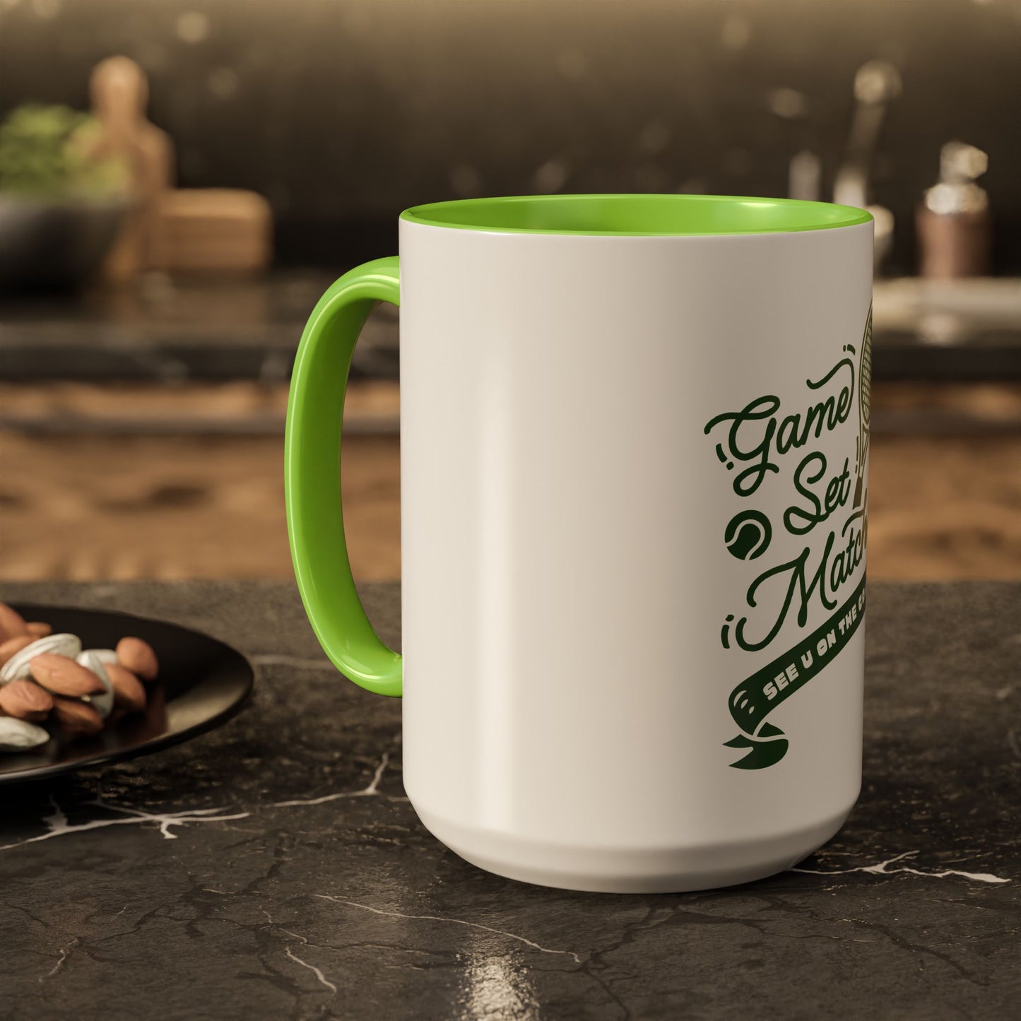 White mug with green interior and handle, featuring text, on a dark surface.