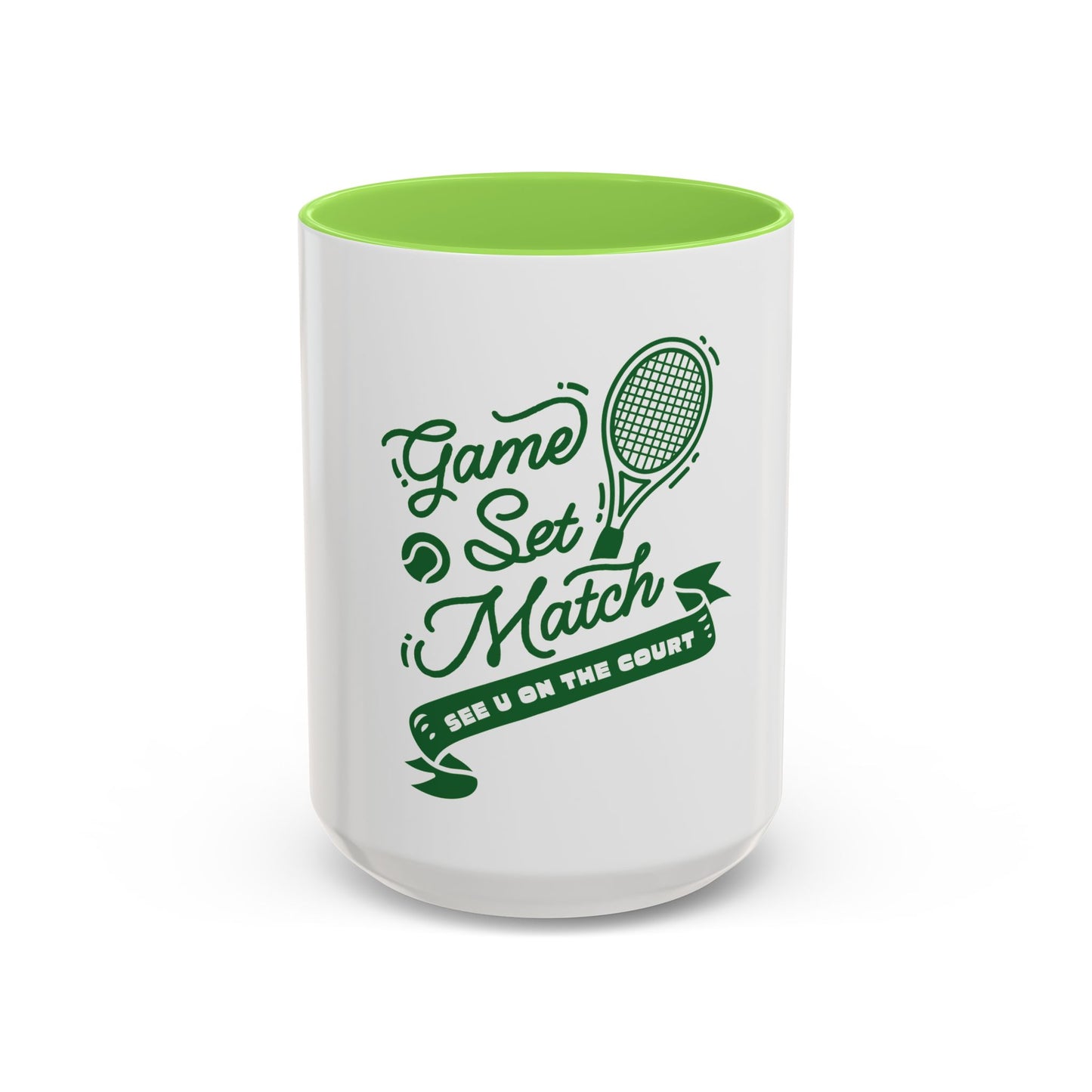 White mug with green interior and tennis-themed design on a white background