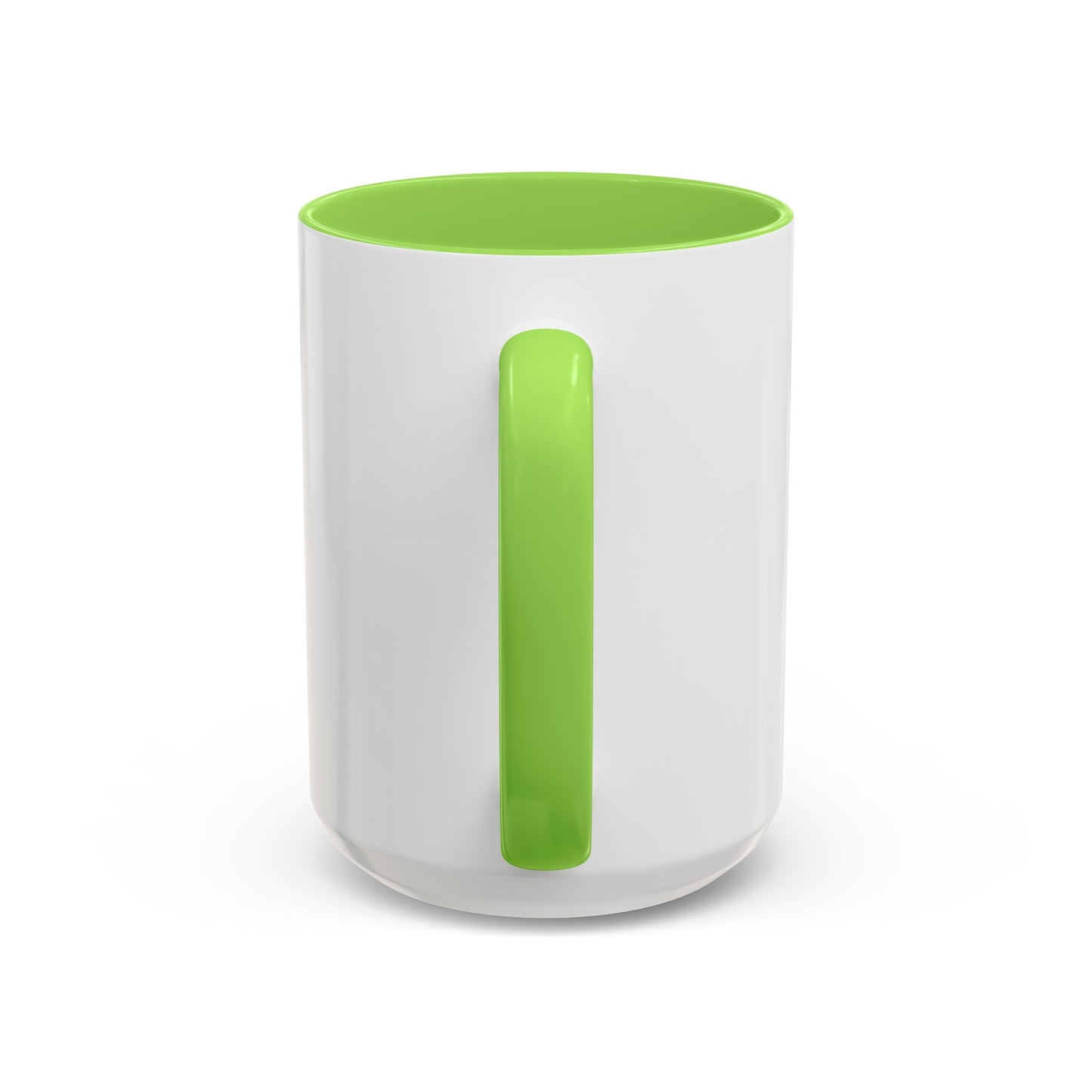 White mugwith a green handle and interior on a white background