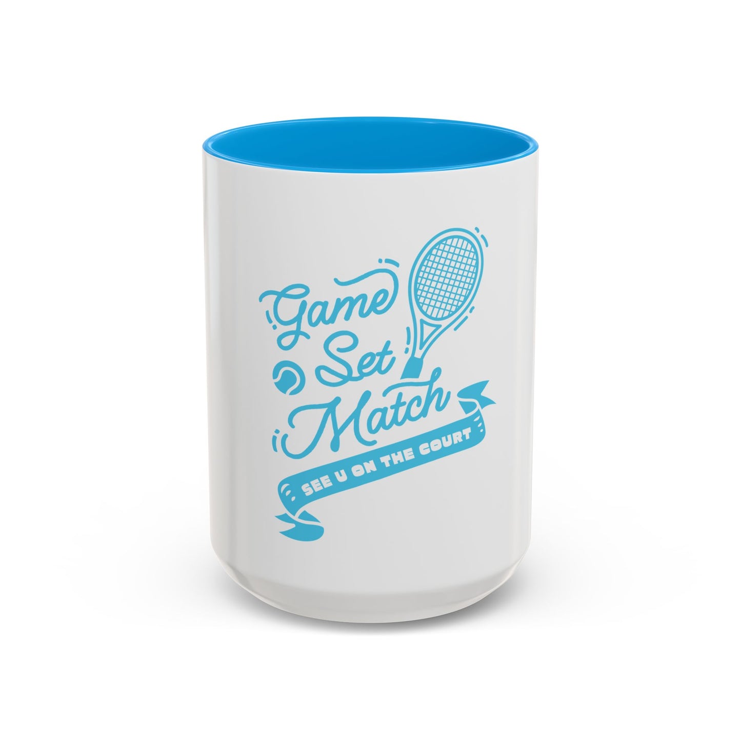 White mug with blue interior and 'Game Set Match' text on a white background