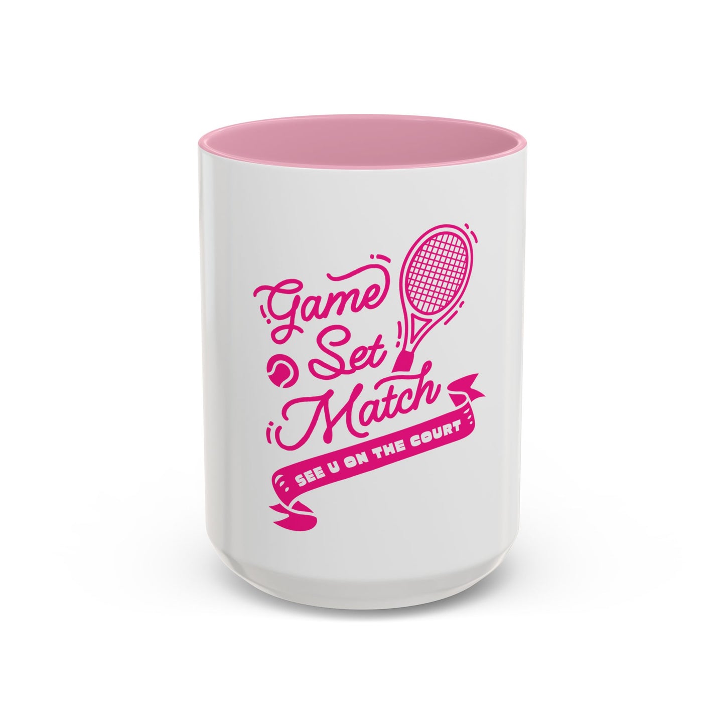 White mug with pink interior and tennis-themed text on a white background