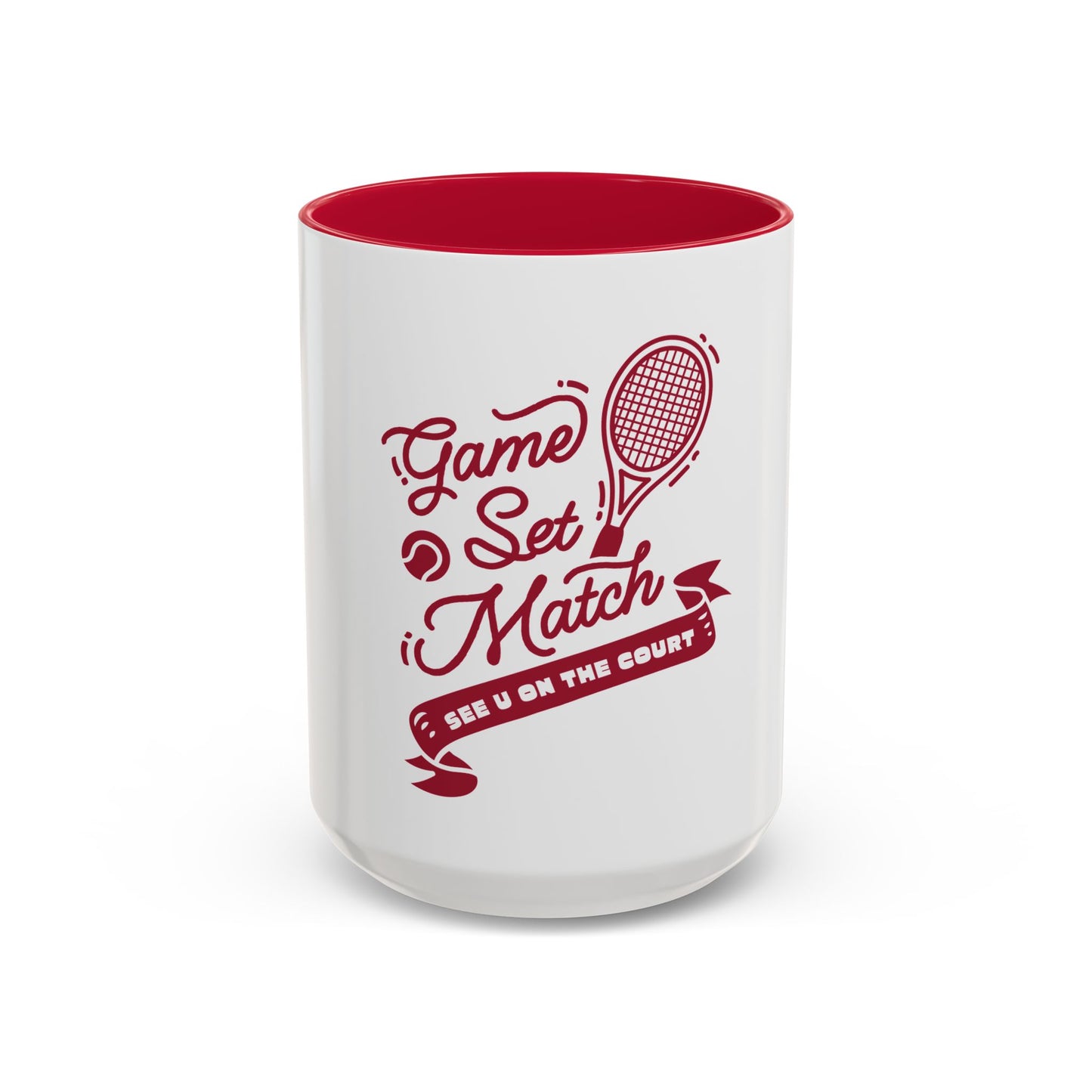 White mug with red interior and tennis-themed design on a white background