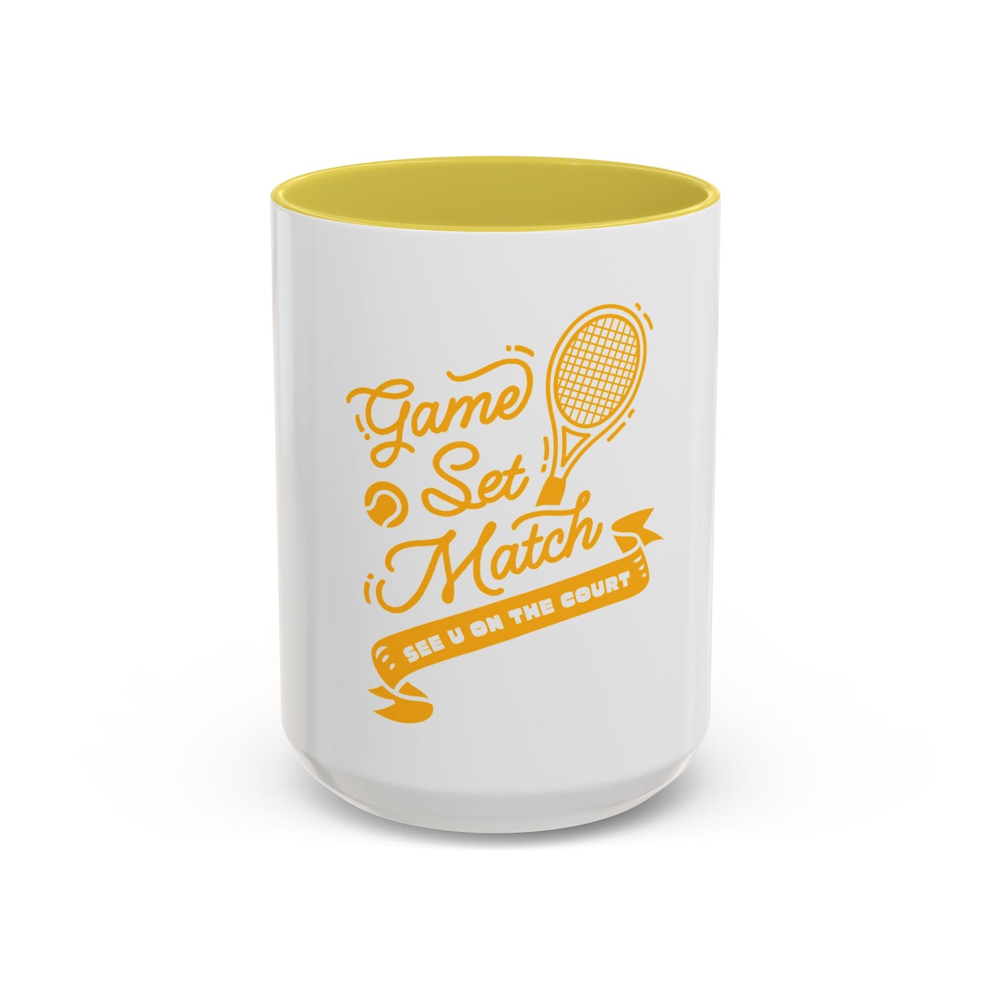 White mug with yellow interior and 'Game Set Match' text on a white background