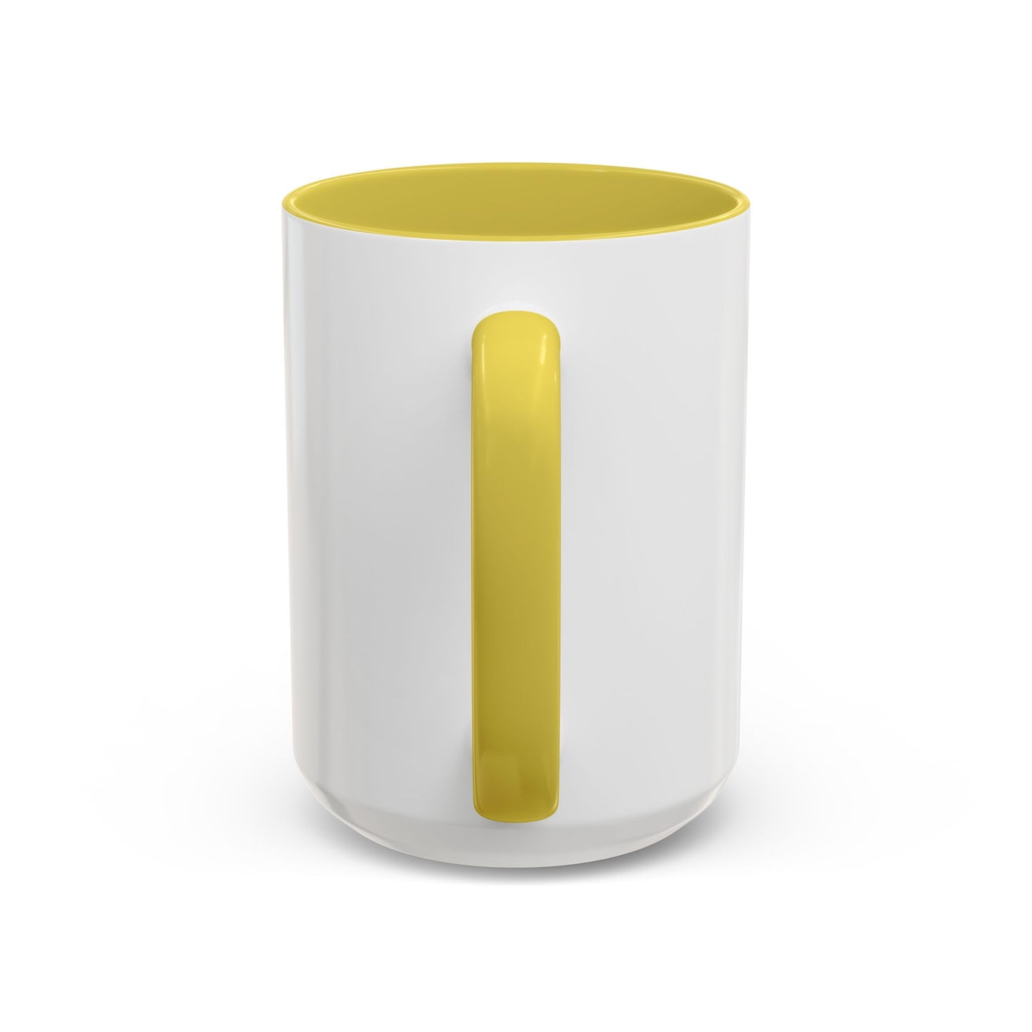 White cup with a yellow handle on a white background