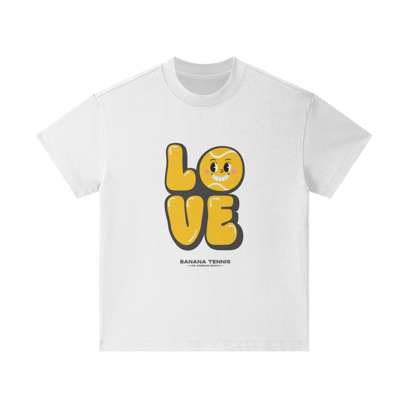 White t-shirt with bold yellow 'LOVE' graphic featuring a smiling tennis ball face as the letter O, on white flat background