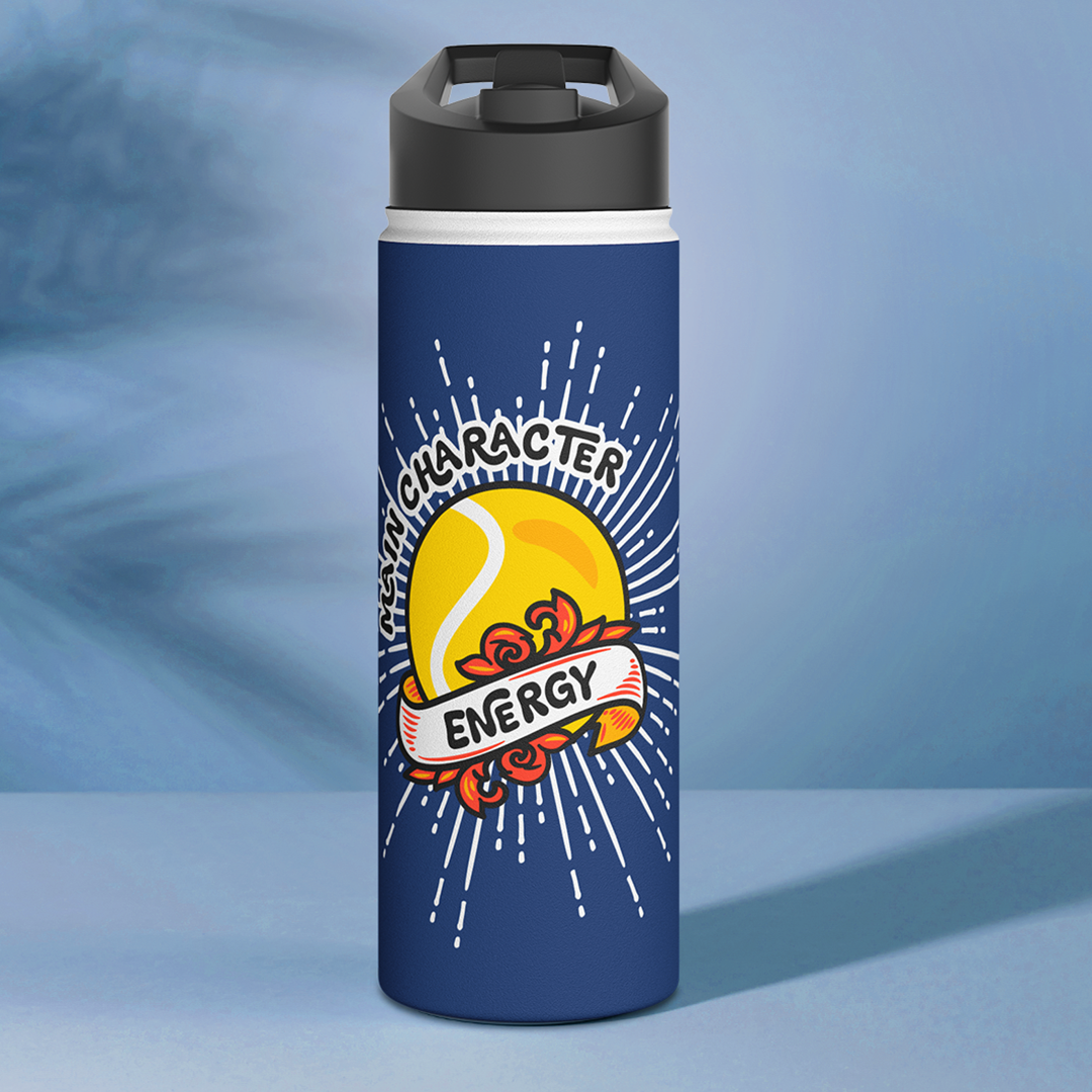 Blue water bottle with a tennis ball design and main Character Energy text on a blue background