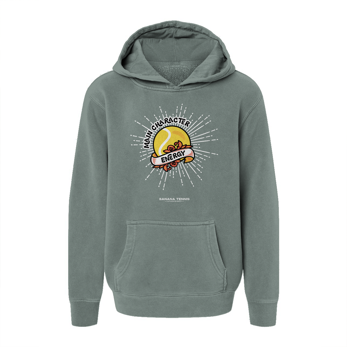 Alpine green hoodie with Main Character Energy graphic design on a white background