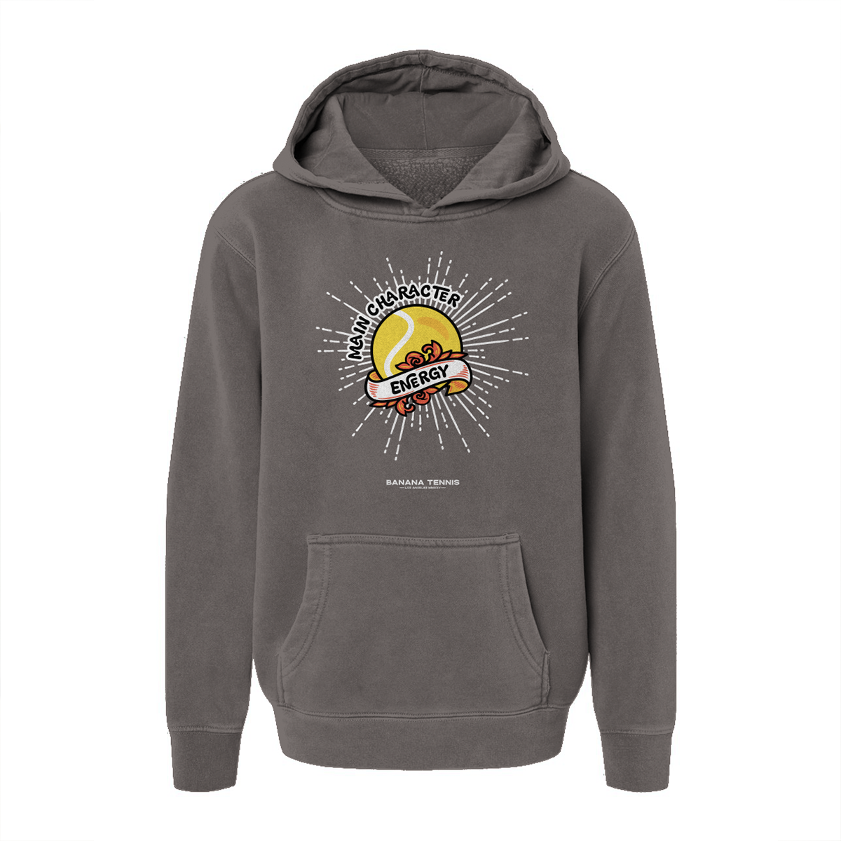 Grey hoodie with Main Character Energy graphic design on a white background