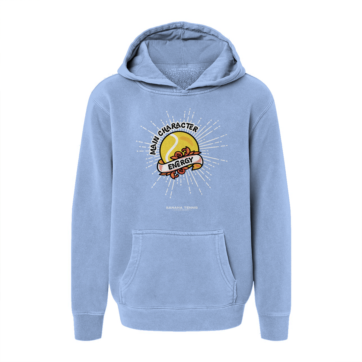 hoodie with Main Character Energy graphic design on a white background