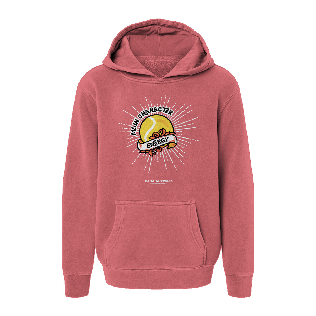 Pink hoodie with Main Character Energy graphic design on a white background