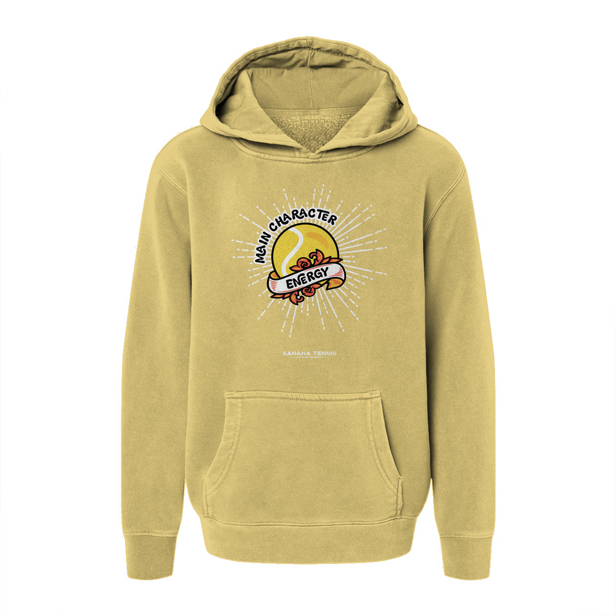 Yellow hoodie with Main Character Energy graphic design on a white background