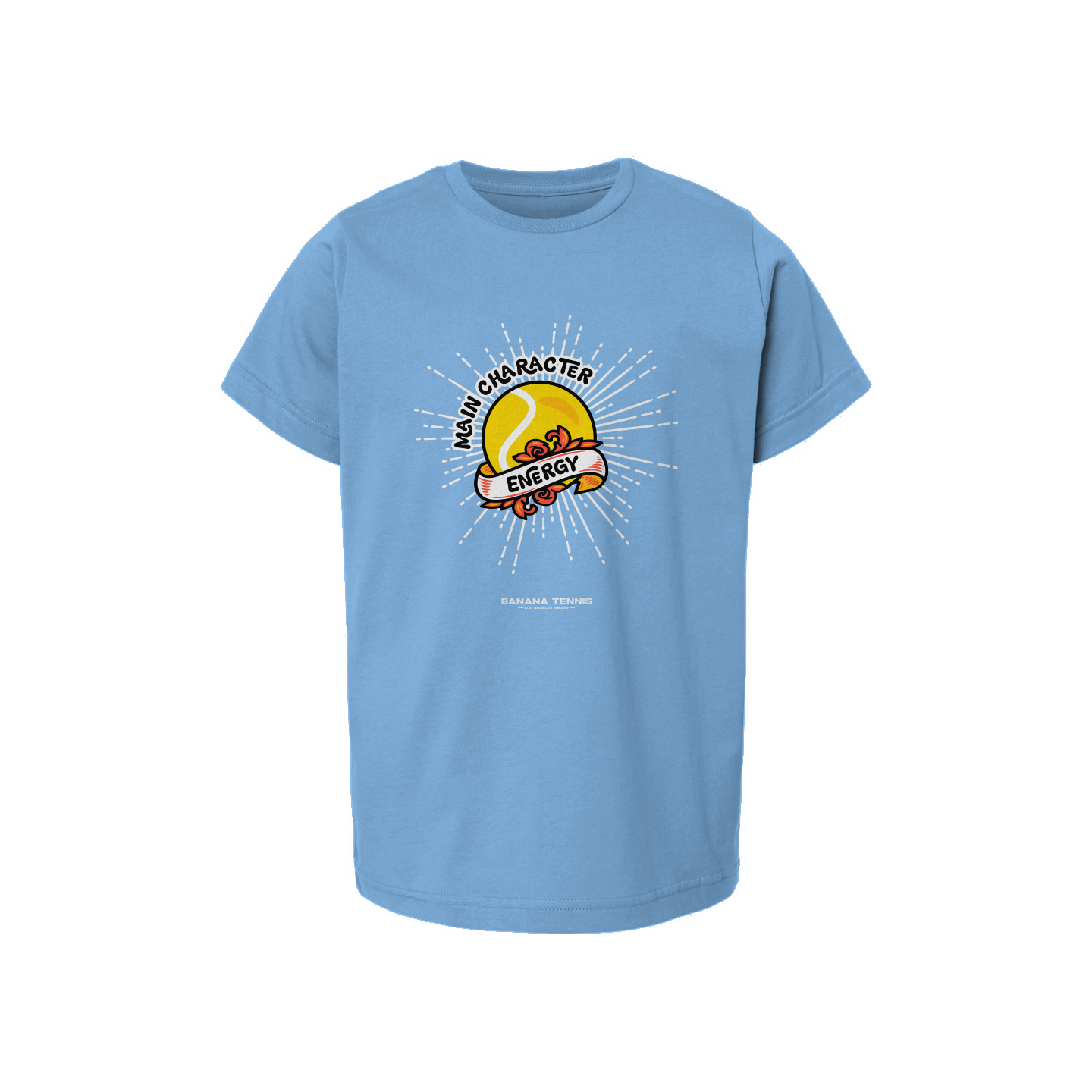 Flat-lay of light blue youth t-shirt with bold 'Main Character Energy' tennis design and retro vibe