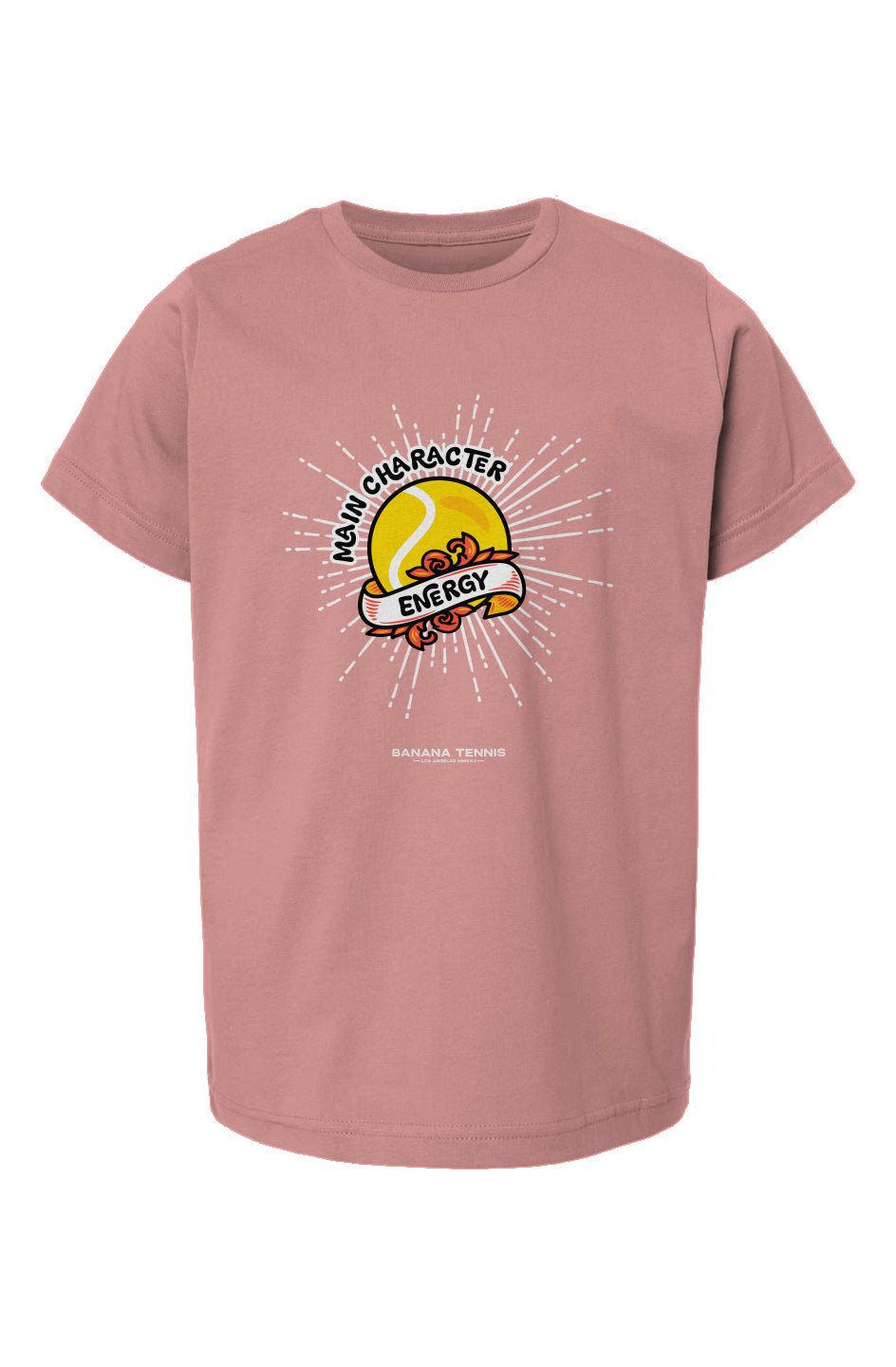 Pink crew neck t-shirt with a graphic design that includes Main Character Energy text and a tennis ball.