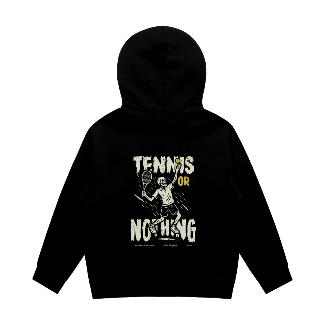 Black hoodie with 'Tennis or Nothing' graphic on a white background