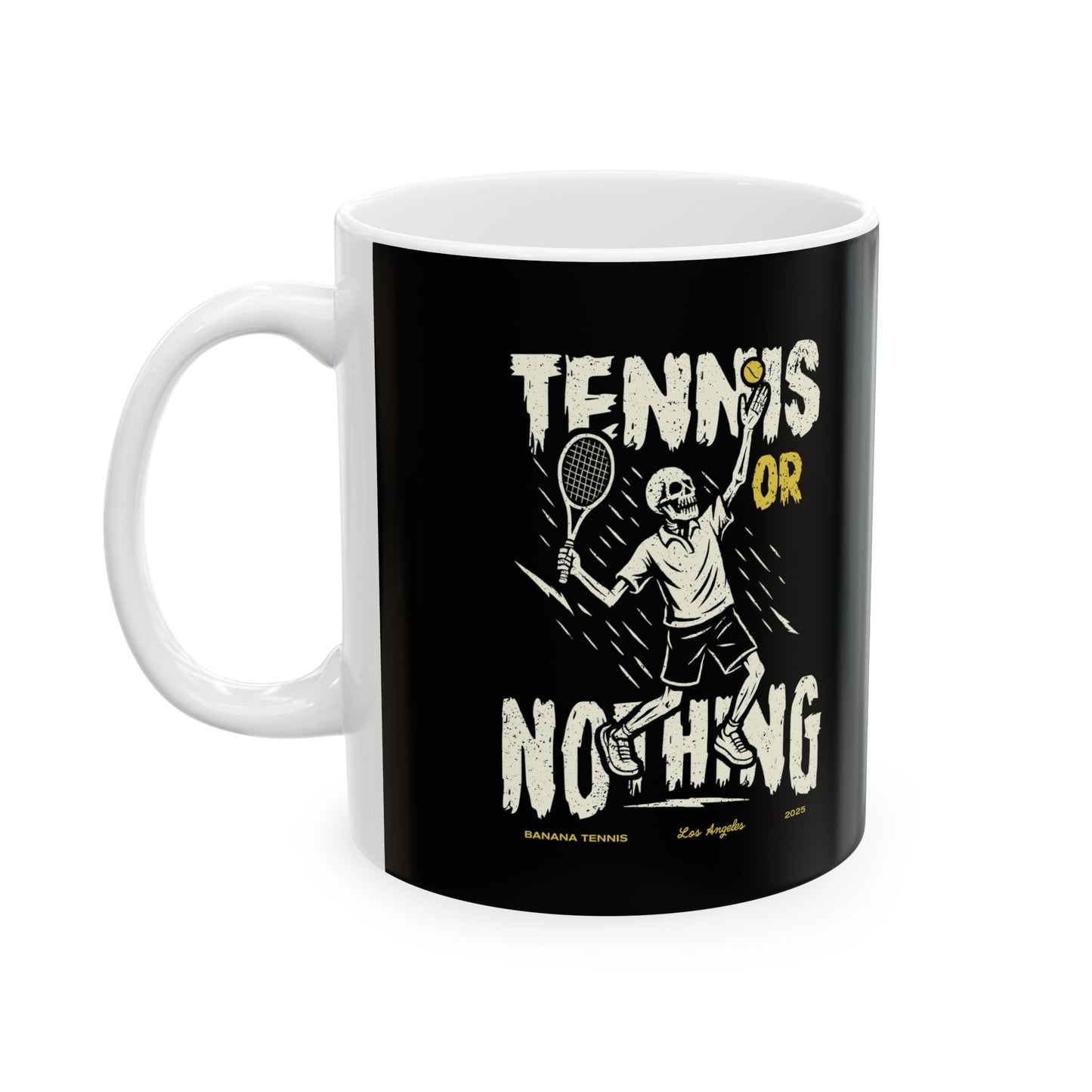 Mug with 'Tennis or Nothing' design featuring a tennis player and text on a black background.