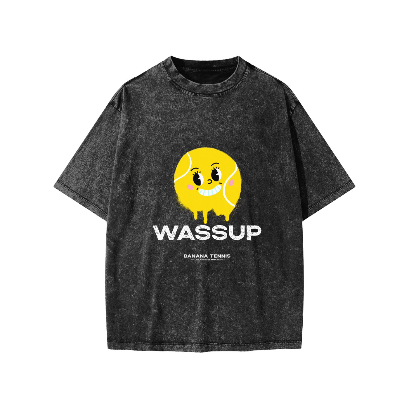 Grey t-shirt with a tennis ball character and 'WASSUP' white text