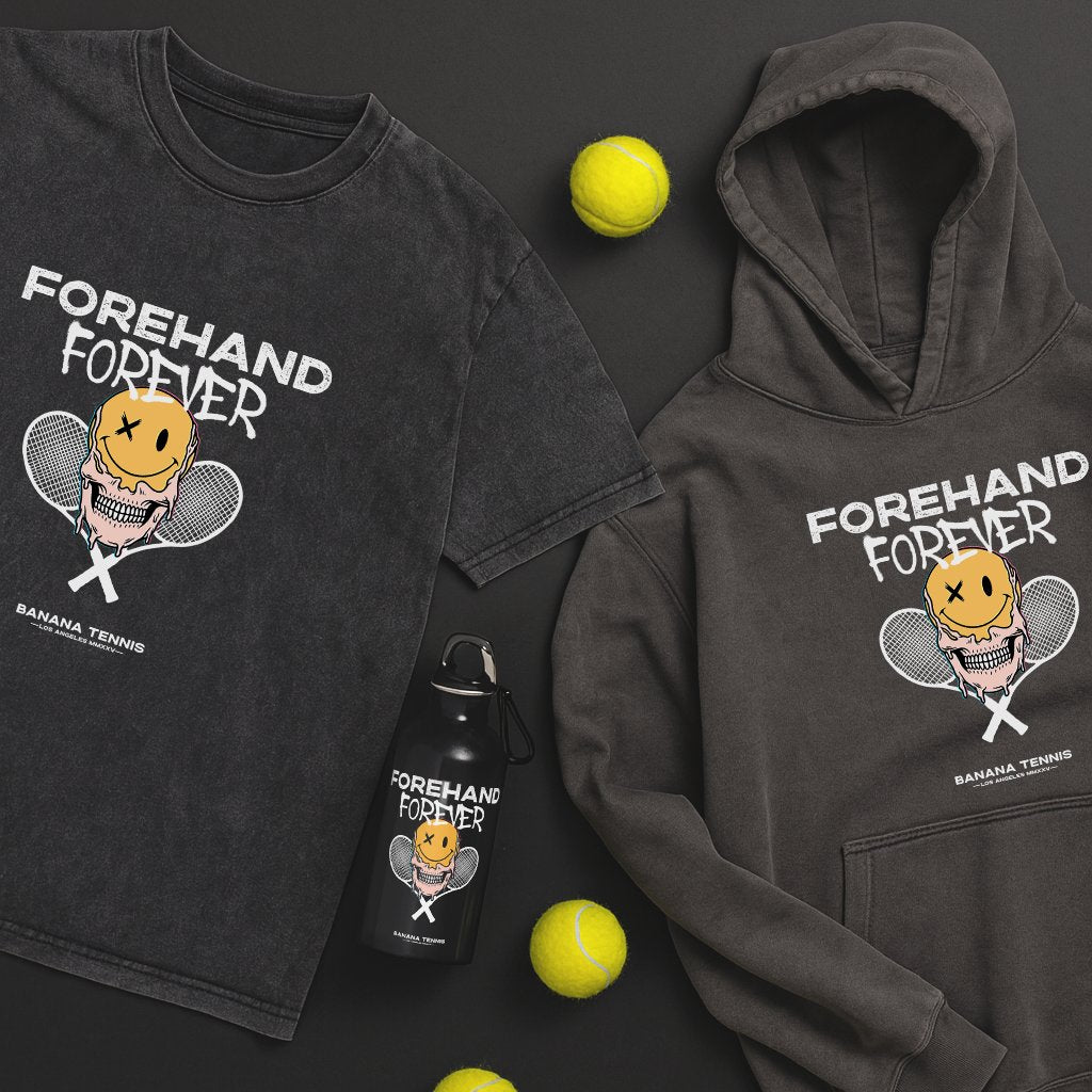 Set of dark grey hoodie, dark grey vintage wash t-shirt and black, glossy water bottle with white FOREHAND FOREVER tennis inspired graphic, on dark background
