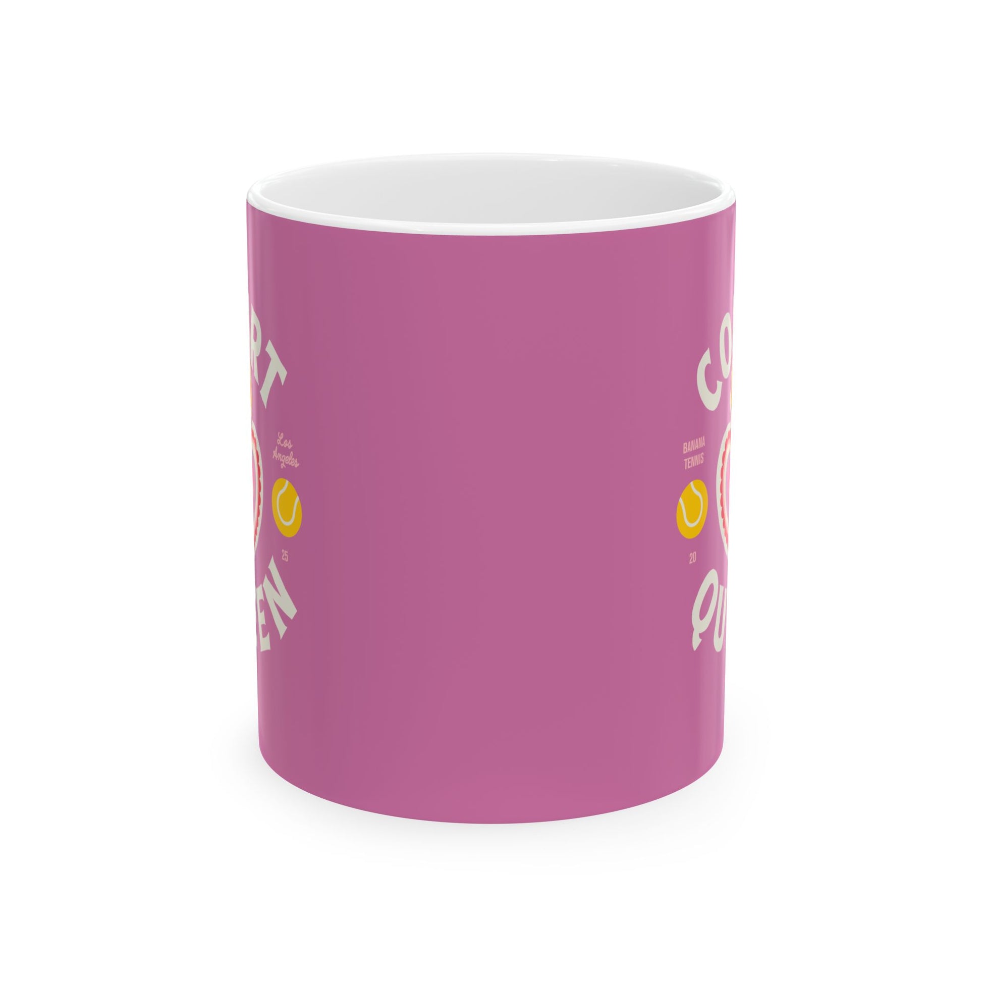 Pink mug with white text and yellow accents on a white background