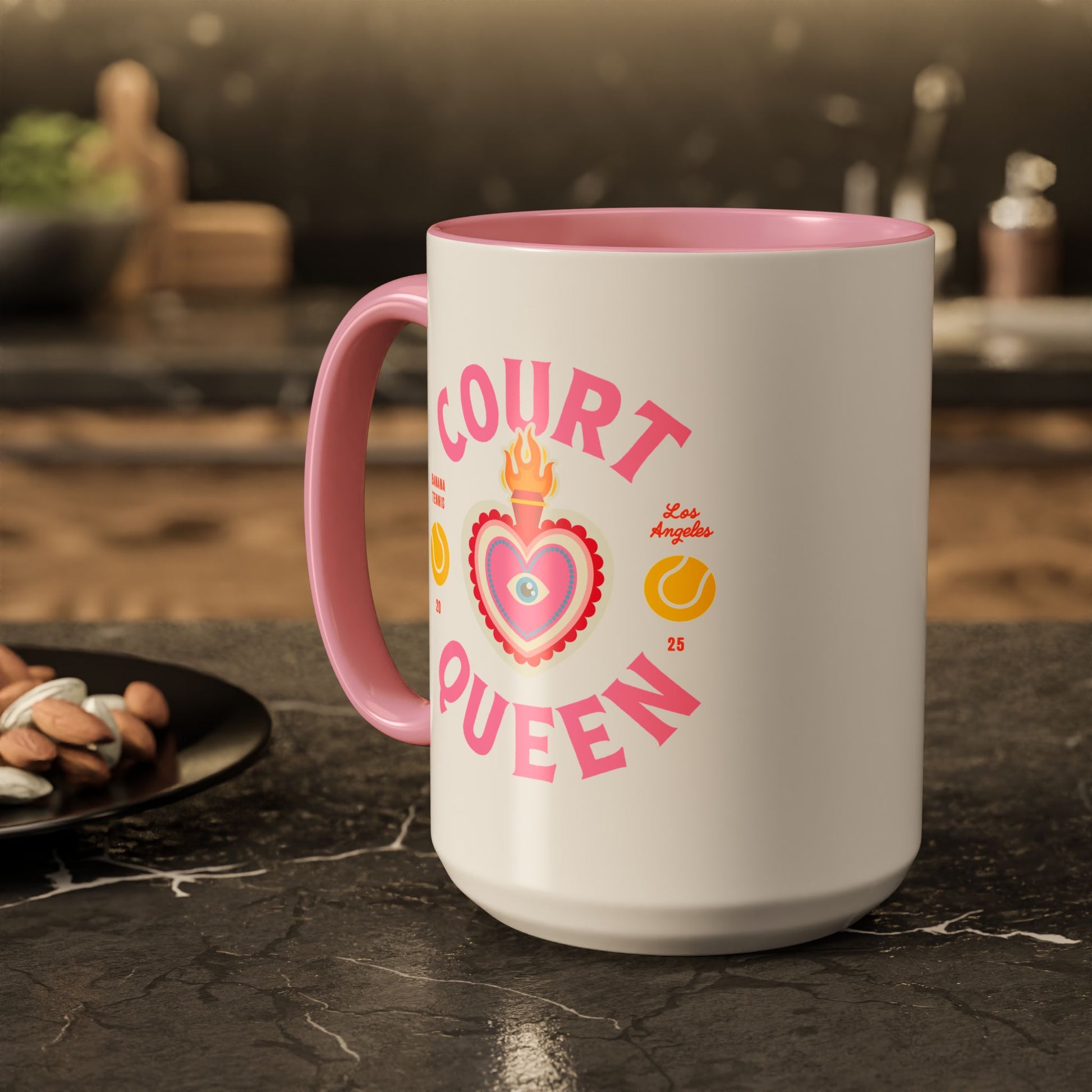 Mug with 'Court Queen' design on a kitchen counter