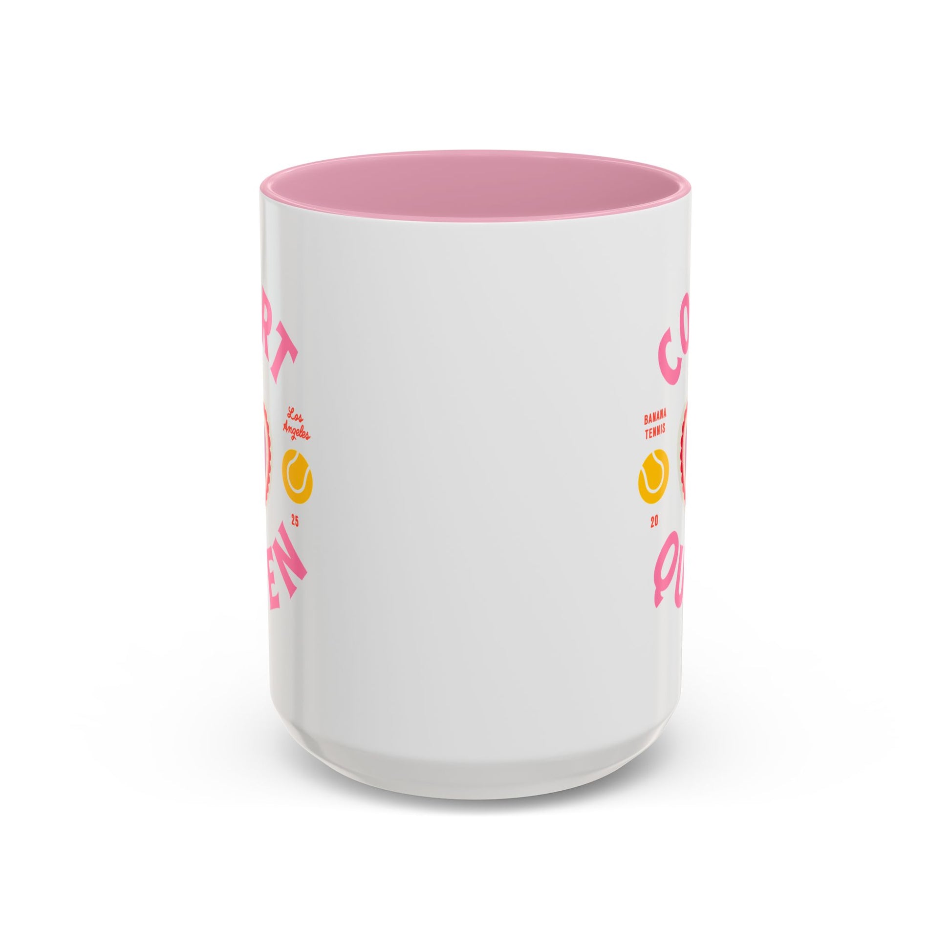 White mug with pink interior and colorful text design on a white background