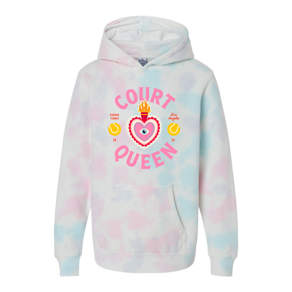 Tie-dye hoodie with 'Court Queen' text and heart design on a white background